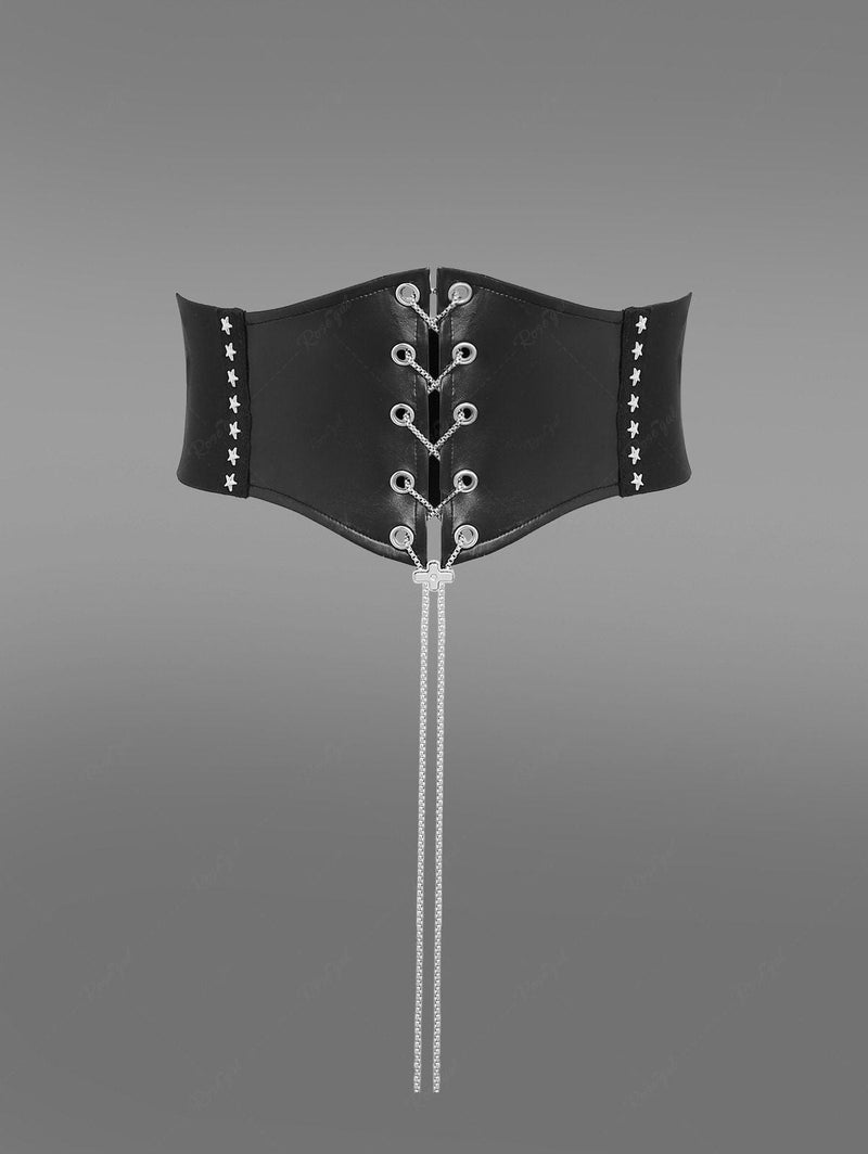 Gothic Chain Braided Lace Up PU Panel Star Rivet Corset Belt