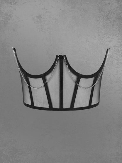 Gothic Fashion Chain Sheer Panel Lace Up Tied Underbust Corset Belt