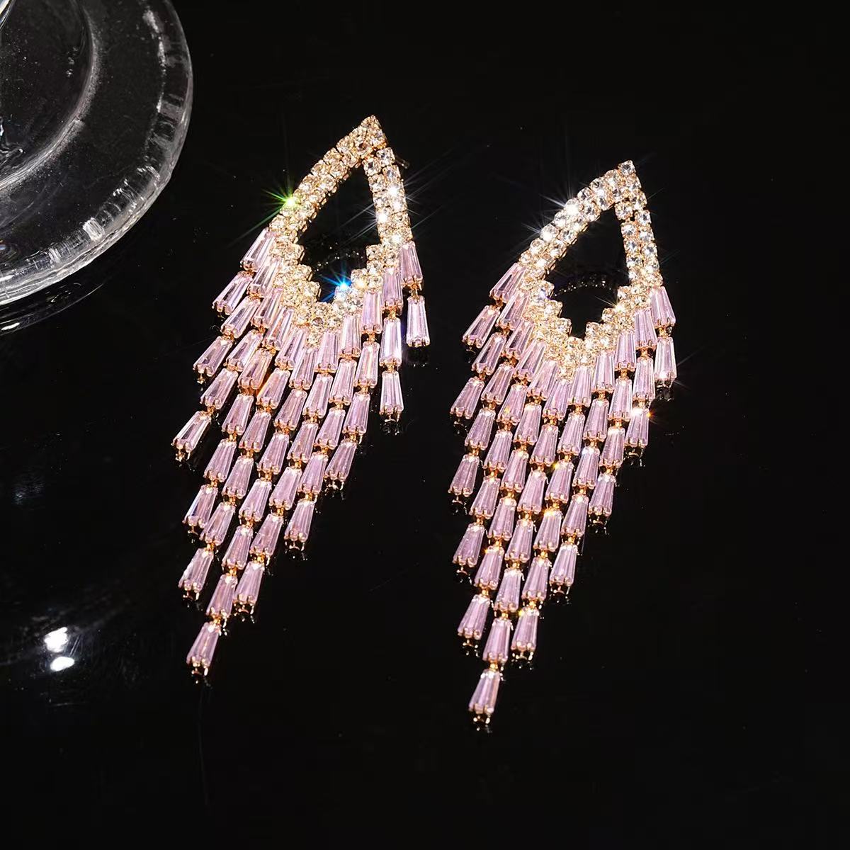 Teardrop Frame Aqua Baguette Crystal Tassel Drop Earrings