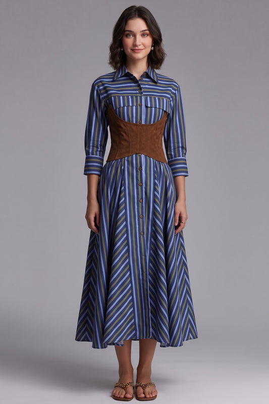 blue cotton poplin A-line shirt dress with corset belt blue, navy, olive green cotton poplin shirt dress with corset belt - product view 2