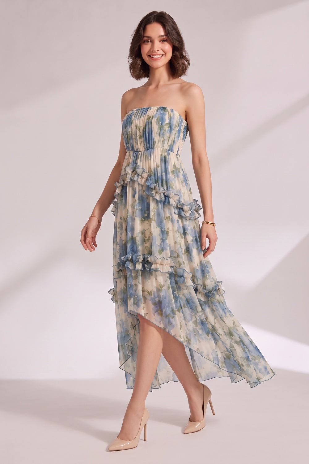 Blue Floral Strapless Tiered Midi Dress Premium Fabric - product view 2
