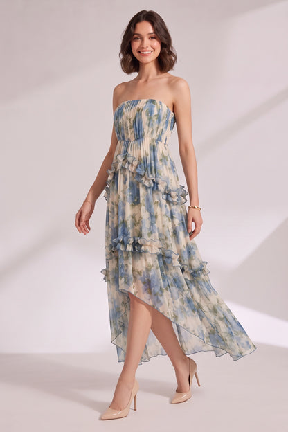 Blue Floral Strapless Tiered Midi Dress Premium Fabric - product view 2