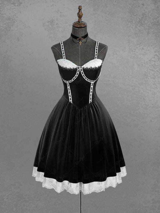 Gothic Plus Size Rose Flower Mesh Jacquard Lace Trim Contrast Piping Velvet A Line Dress