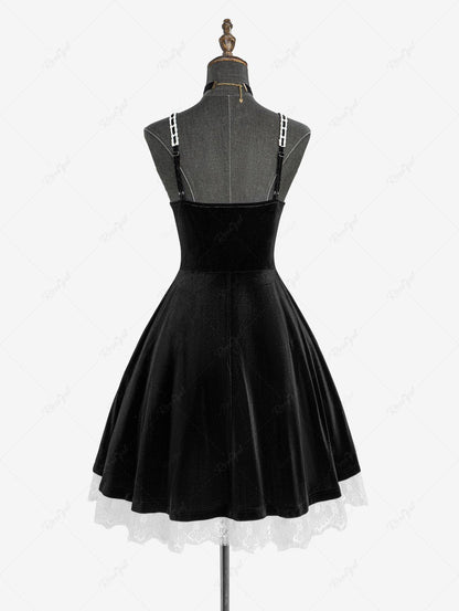 Gothic Plus Size Rose Flower Mesh Jacquard Lace Trim Contrast Piping Velvet A Line Dress