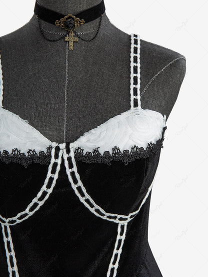 Gothic Plus Size Rose Flower Mesh Jacquard Lace Trim Contrast Piping Velvet A Line Dress