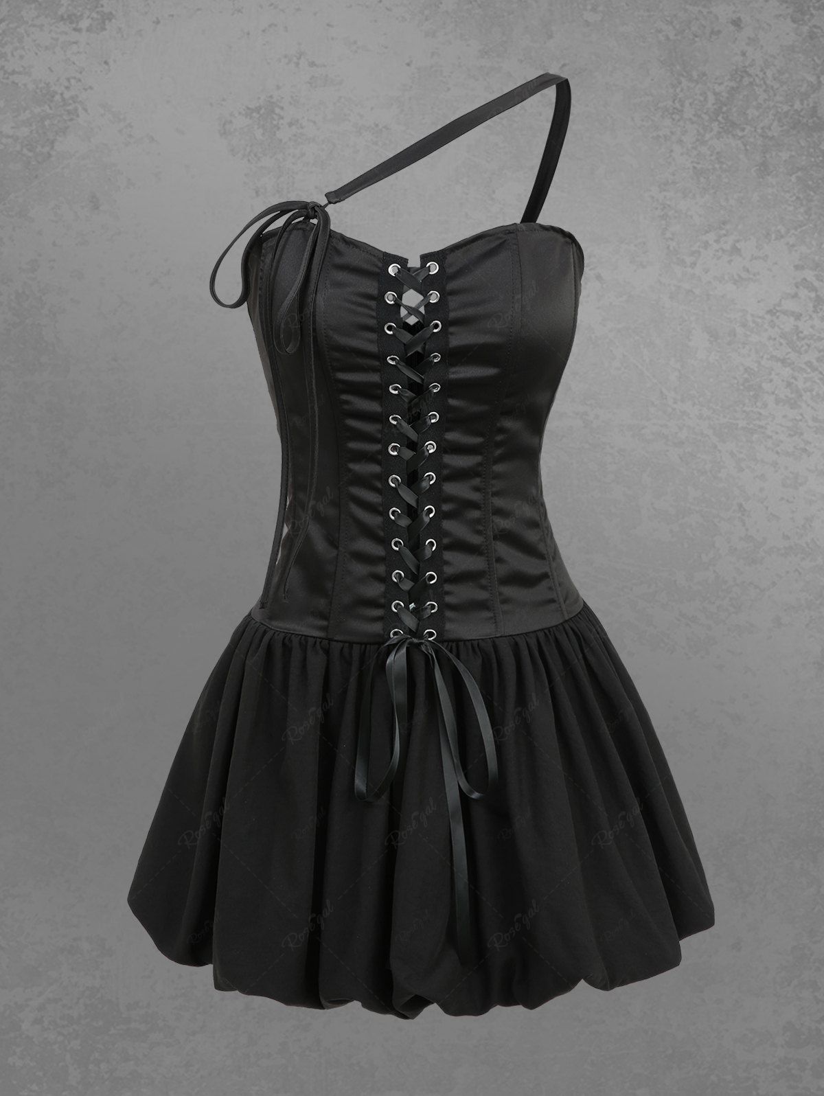 Gothic Lace Up Asymmetric Shoulder Strap Bandeau Tulip Mini Dress