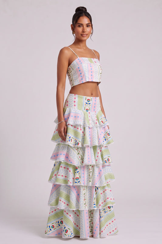 Two-Piece Set with Tiered Maxi Skirt and Pom-Pom Trim Premium Fabric - product view 1