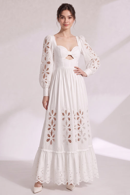 White Cotton Poplin A-Line Maxi Dress with Eyelet Embroidery white cotton poplin maxi dress - product view 2
