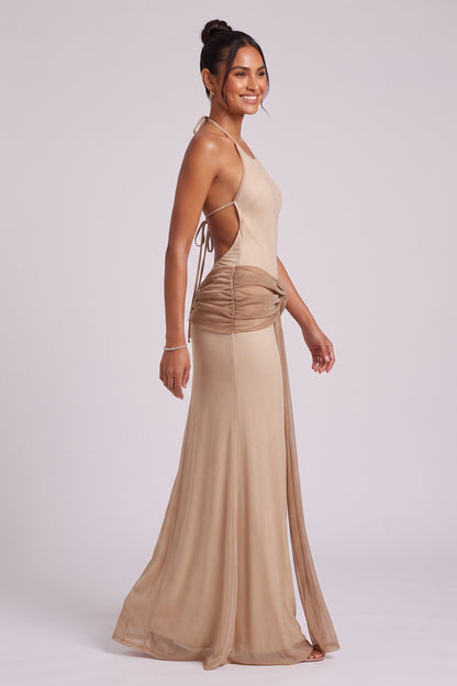Beige Fine Stretch Knit Column Evening Gown beige, champagne fine stretch knit evening gown - product view 2