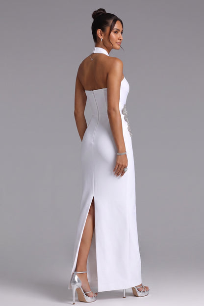 White Crepe Column Gown with Silver Floral Embellishment white crepe gown - product view 2