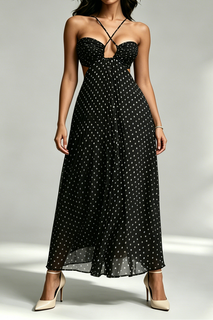 Black White Polka Dot Crisscross Strappy Cutout Pleated Midi Dress