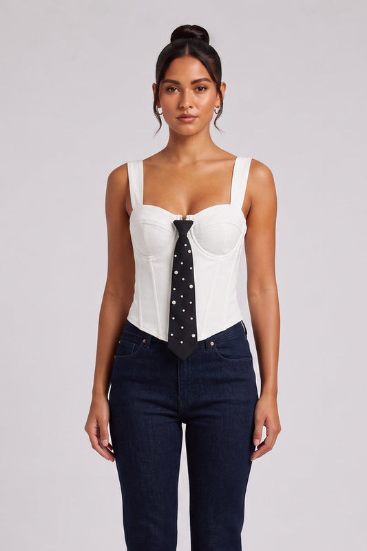 White Structured Cotton Twill Fitted Bustier Corset Top with Pearl-Embellished Necktie white structured cotton twill or denim corset top - product view 1