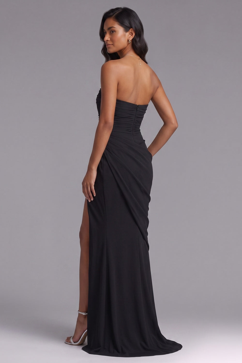 black crepe column with asymmetrical drape evening gown black crepe evening gown - product view 2