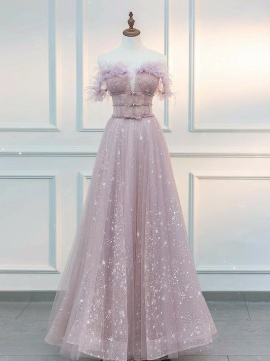 Embellished A-Line  Off Shoulder Tulle Lace Pink Dress