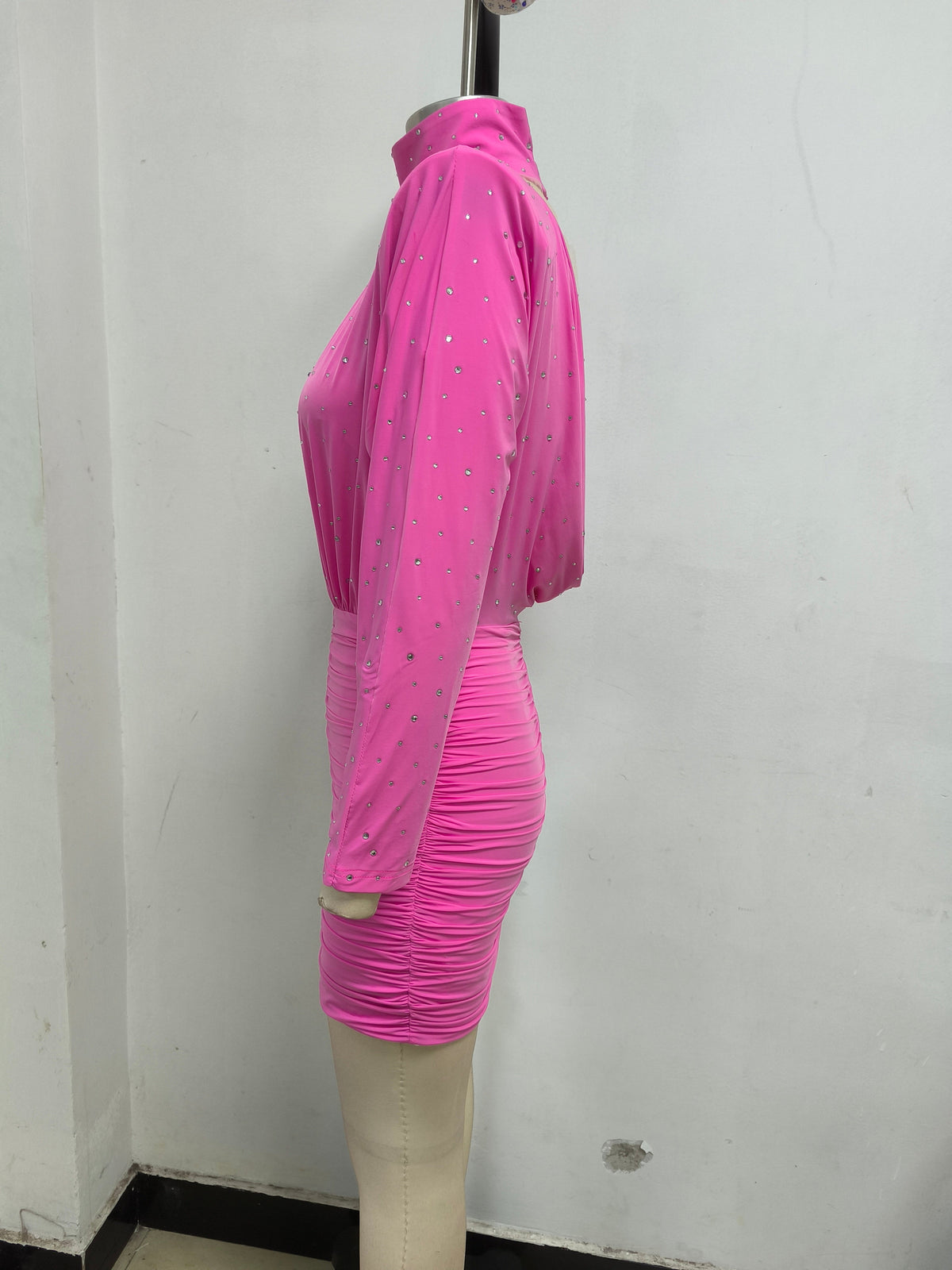 crystal embellished ruched bodycon mini dress in pink