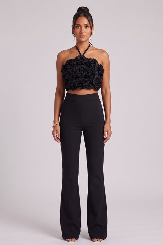 Black Stretch Crepe Two-Piece Set with 3D Rosette Halter Top and High-Waisted Flared Trousers black stretch crepe two-piece set - product view 3