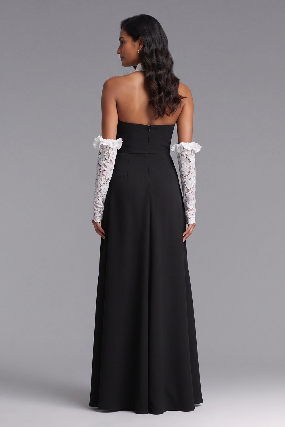 black matte black crepe a-line evening gown black matte black crepe evening gown - product view 5