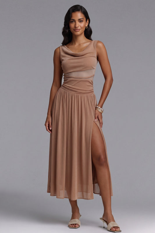 Beige Lightweight Jersey Fit-and-Flare Midi Dress beige lightweight jersey dress - product view 1