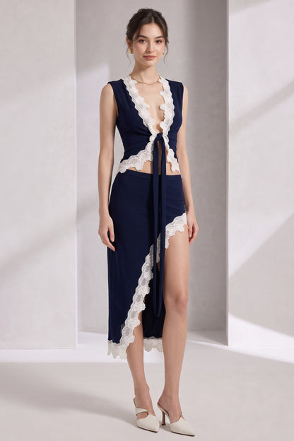 Dark Navy Blue Stretch Jersey Fitted Two-Piece Set with White Scalloped Lace Trim dark navy blue stretch jersey two-piece set - product view 1