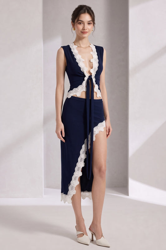 Dark Navy Blue Stretch Jersey Fitted Two-Piece Set with White Scalloped Lace Trim dark navy blue stretch jersey two-piece set - product view 1