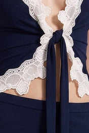 Dark Navy Blue Stretch Jersey Fitted Two-Piece Set with White Scalloped Lace Trim
