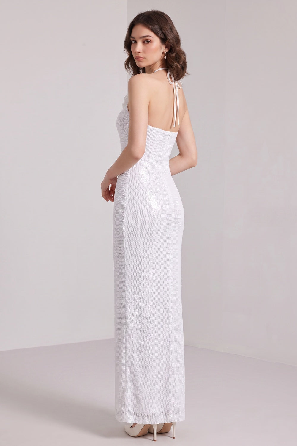 White Sequined Mesh Column Dress with Flower Embellishment white sequined mesh dress - product view 4
