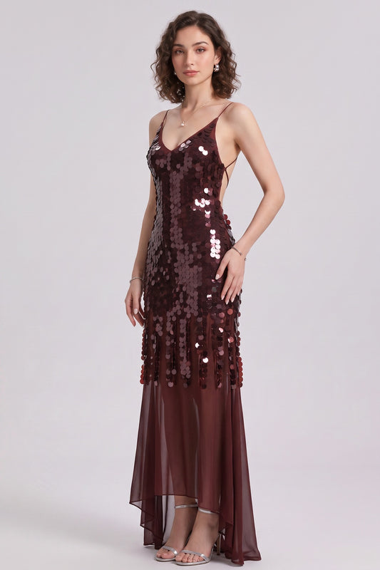 Burgundy Sequined Mesh Sheath with Flared Sheer Lower Skirt Evening Dress burgundy sequined mesh evening dress - product view 2