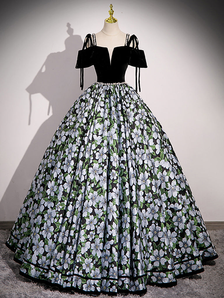 Black A-Line Satin Floral Prom Dress