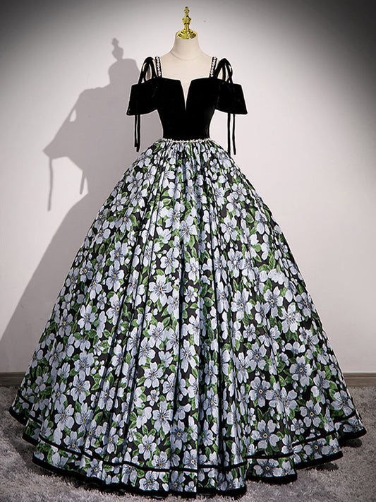 Black A-Line Satin Floral Prom Dress
