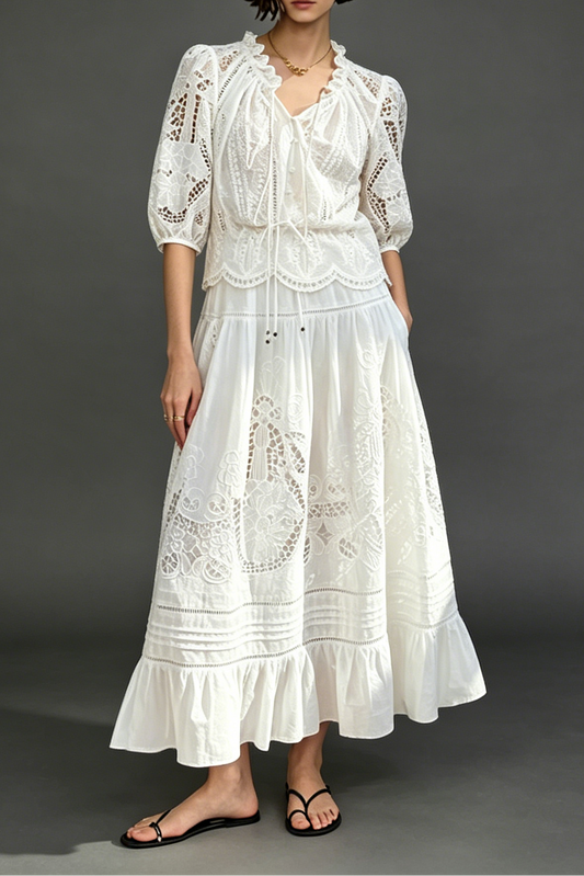 White Eyelet Lace Tiered Maxi Dress with Puff Sleeves