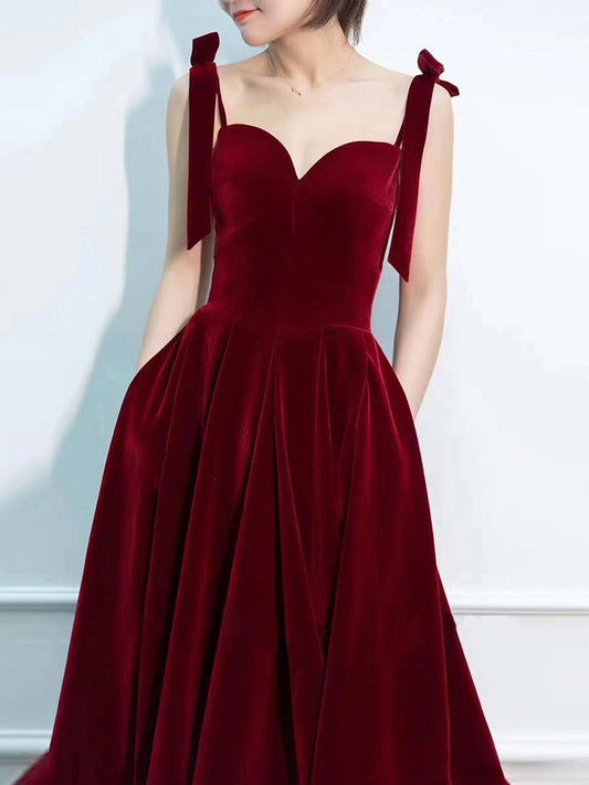 A-Line Velvet Burgundy Dress