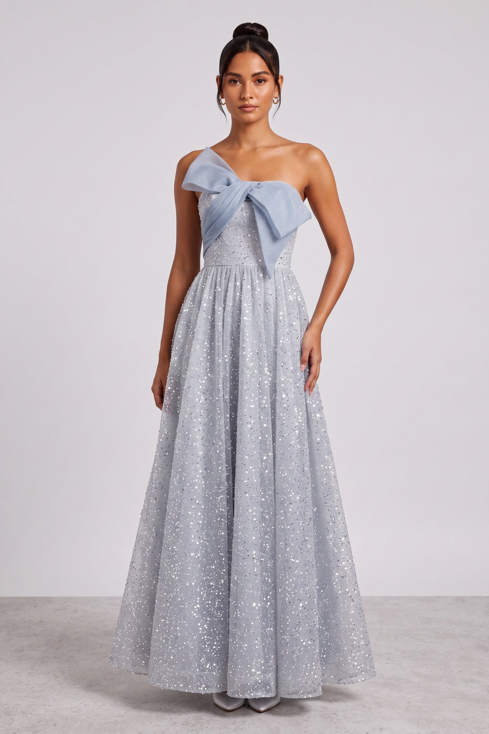 Silver-Blue Glitter Tulle A-Line Evening Gown silver-blue glitter tulle evening gown - product view 1