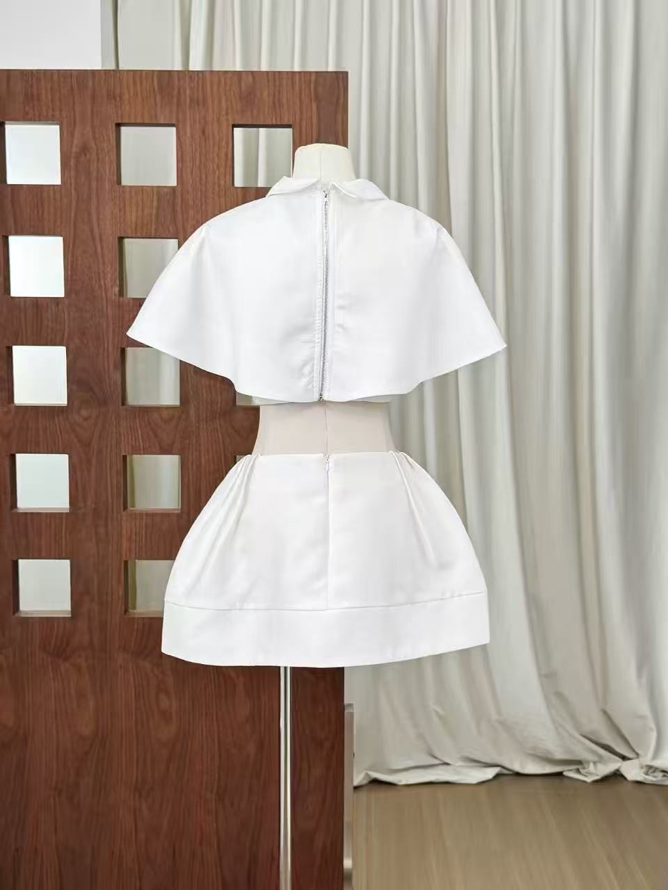 White Cape Collar Crop Top & Double Button Pleated Mini Skirt Two Piece Set