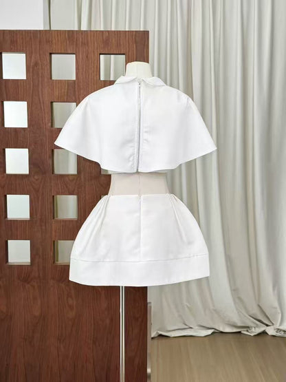 White Cape Collar Crop Top & Double Button Pleated Mini Skirt Two Piece Set