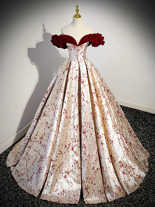 A-Line Off Shoulder Satin/Velvet Champagne Dress
