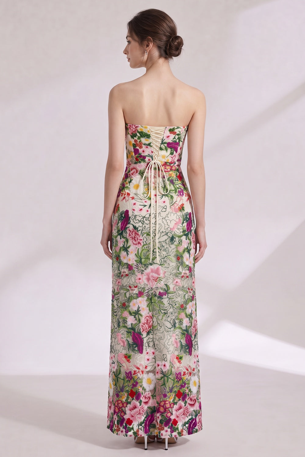Cream Embroidered Lace Column Gown cream, green embroidered lace gown - product view 2