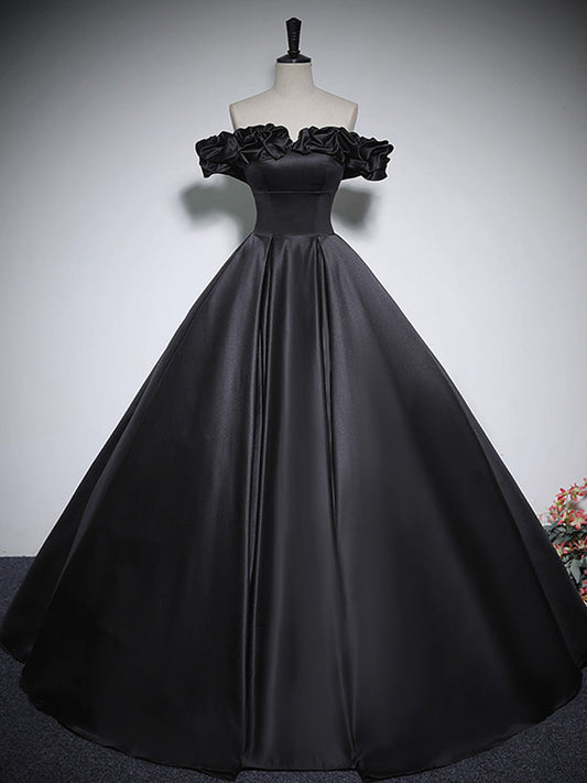 Black A-Line Off Shoulder Satin Long Prom Dress