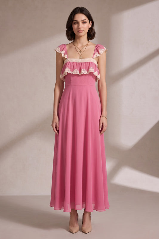 Pink Maxi Dress with Lace Trim and Ruffle Detail Premium Fabric - product view 2