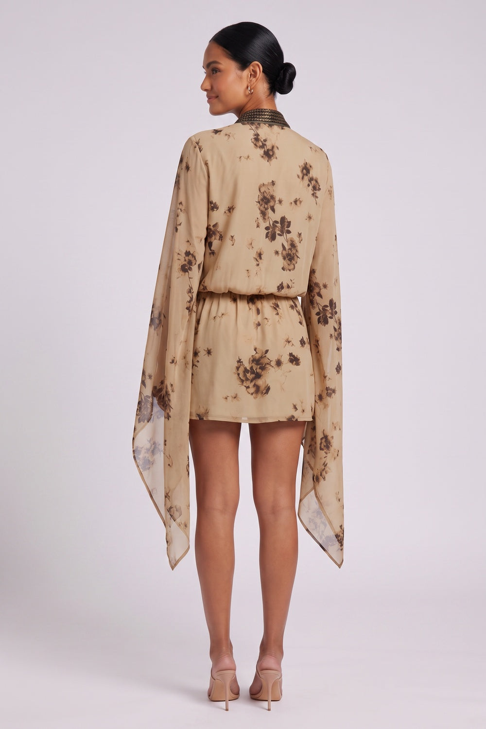 beige chiffon wrap-front blouson with draped cape sleeves mini dress beige, tan chiffon mini dress - product view 5