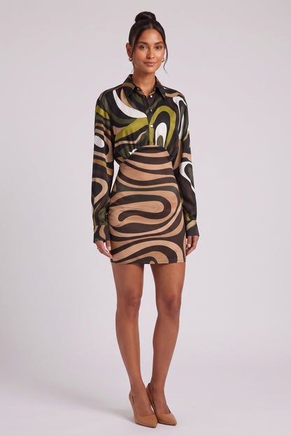 olive green satin-weave silk or synthetic blend fitted skirt with relaxed blouson bodice hybrid shirt mini dress olive green, tan, black, white satin-weave silk or synthetic blend hybrid shirt mini dress - product view 3