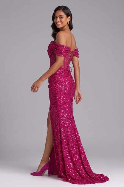 Hot Pink Sequin Off-the-Shoulder Mermaid Gown Premium Fabric - product view 1