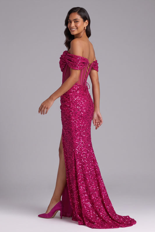Hot Pink Sequin Off-the-Shoulder Mermaid Gown Premium Fabric - product view 1