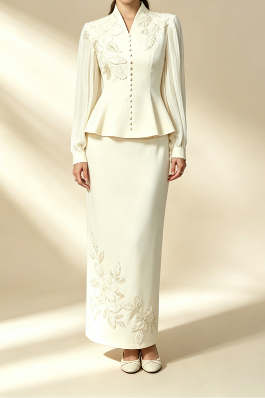 Cream Beaded Floral Embellished Peplum Top & Midi Pencil Skirt Two-Piece Suit