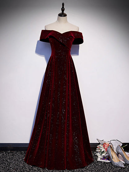 A-Line Off Shoulder Velvet Burgundy Dress