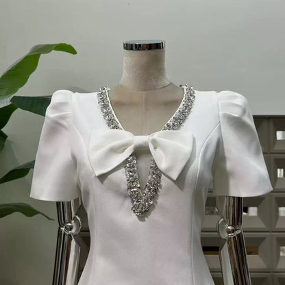 V-neck diamond chain bow mini dress in ivory