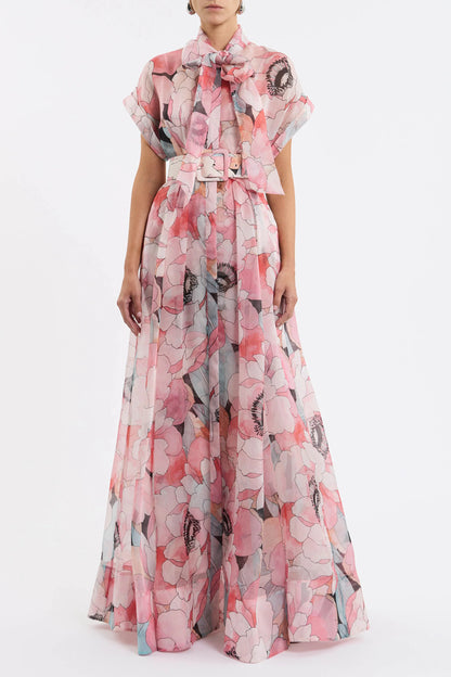 floral print silk organza maxi dress in pink-multi