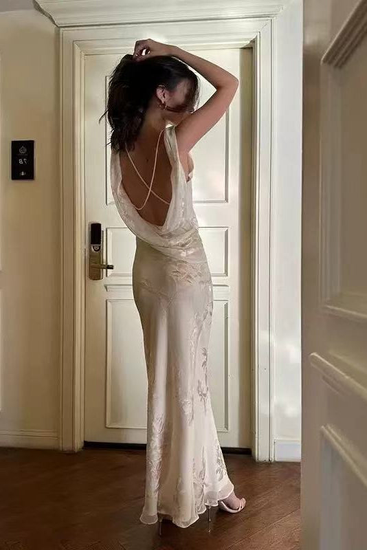 Draped Cowl Backless Floral Jacquard Mermaid Maxi Dress