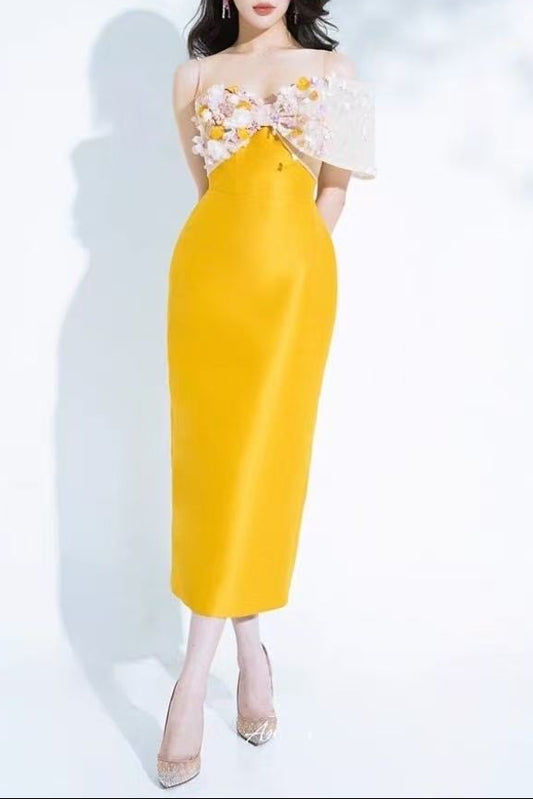 3D Floral Spaghetti Strap Satin Midi Bodycon Dress