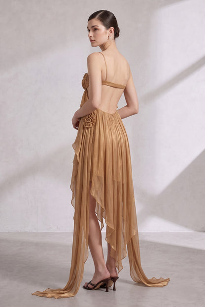 Gold Sheer Chiffon Asymmetrical High-Low Draped Dress with Open Back gold, bronze sheer chiffon dress - product view 4