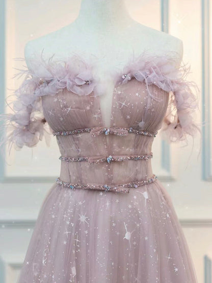 Embellished A-Line  Off Shoulder Tulle Lace Pink Dress